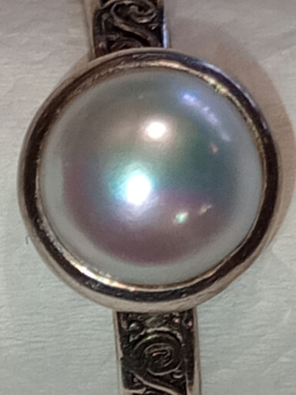 Pearl Sterling Silver Scroll Band Pearl Ring Bezel Set By Janice Girardi - Picture 15 of 16